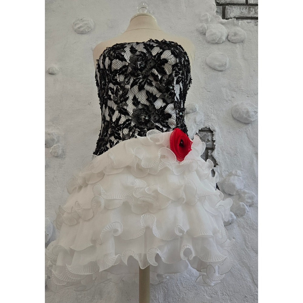 Porscha Couture Black Lace Beaded White Ruffle Strapless Dress Size 12